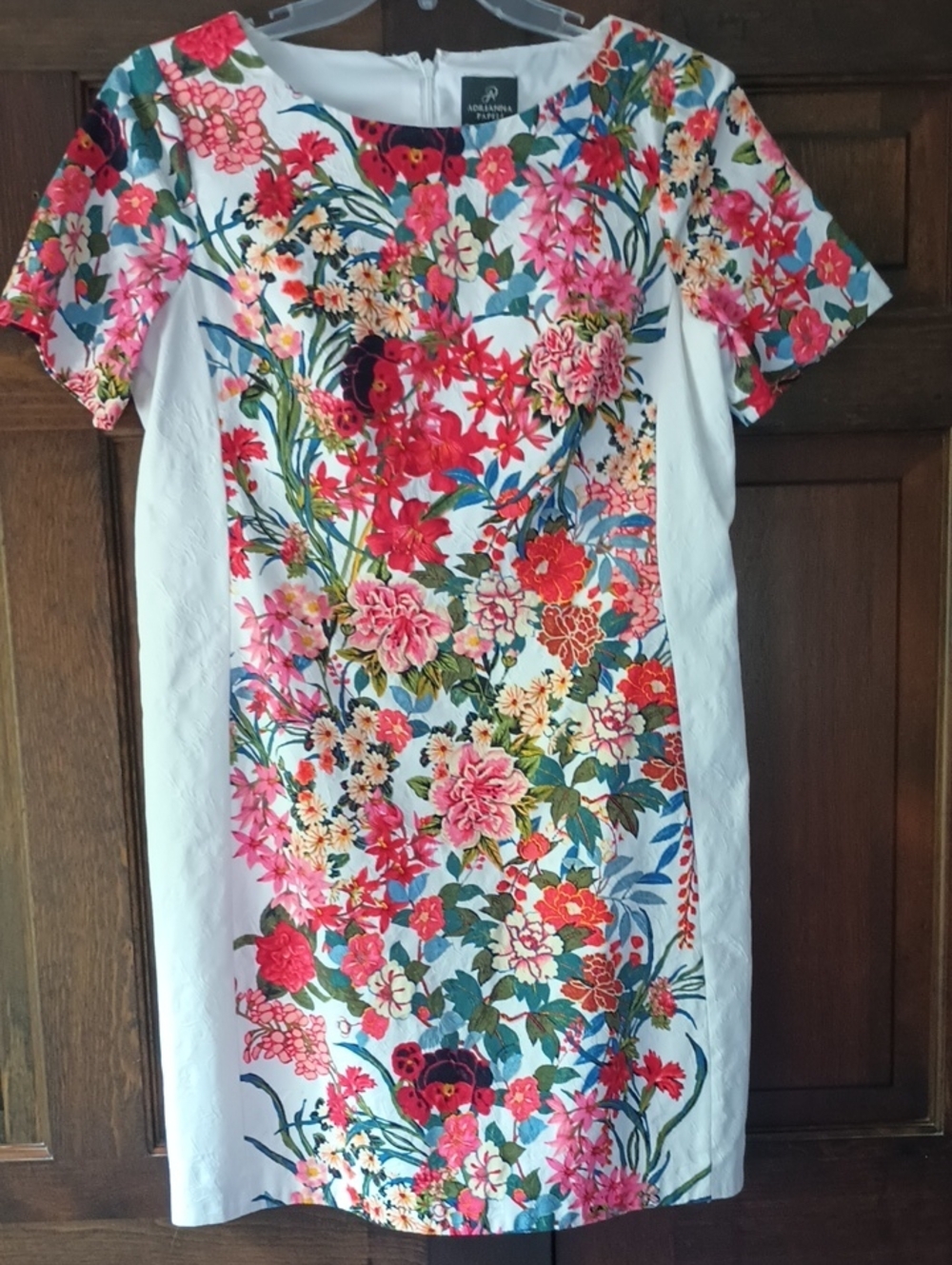 Adrianna Papell White Floral Sheath Lined Dress with Multicolor Blooms
